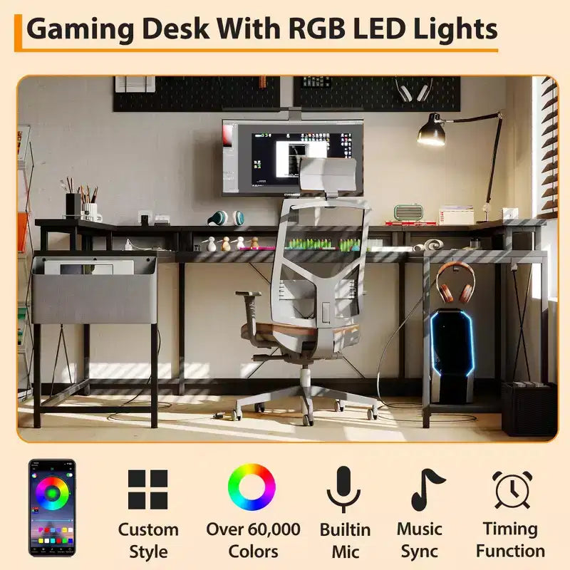 Bureau d'ordinateur en U, console réversible en L avec prises, bande lumineuse et support d'écran, fonction de rangement, convient pour le bureau à domicile