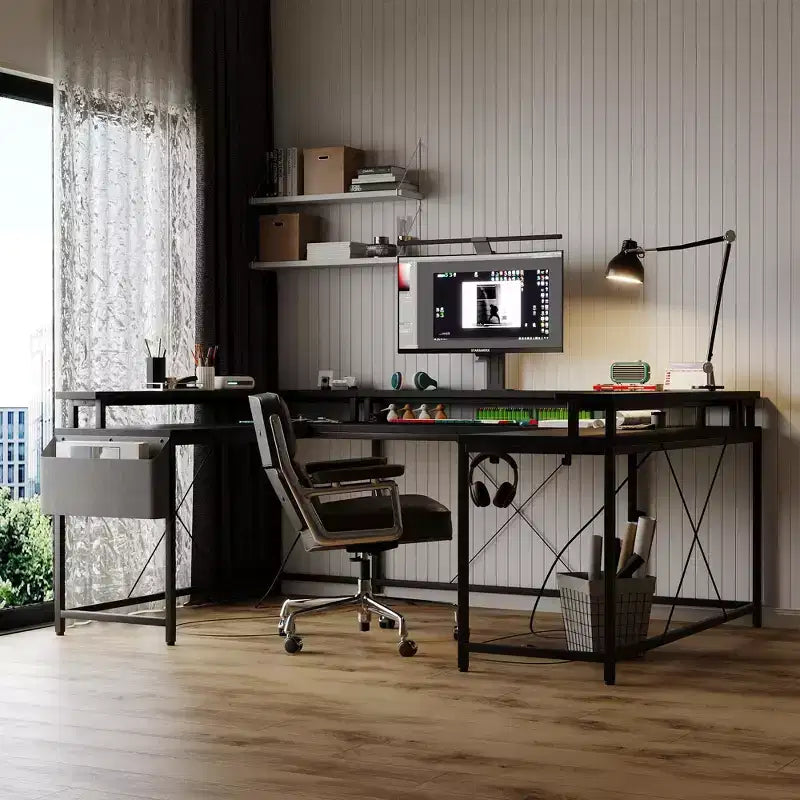 Bureau d'ordinateur en U, console réversible en L avec prises, bande lumineuse et support d'écran, fonction de rangement, convient pour le bureau à domicile
