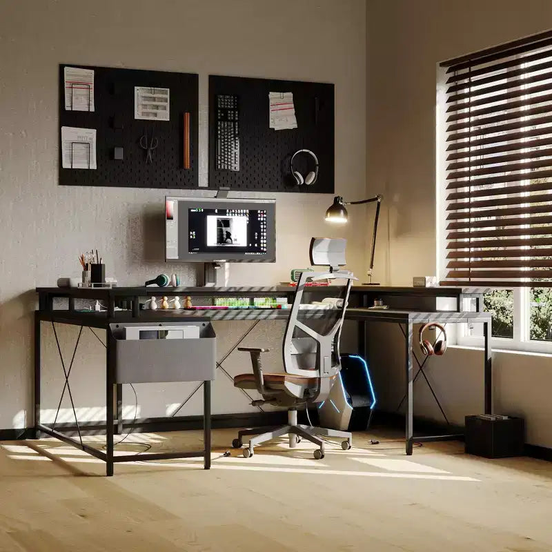 Bureau d'ordinateur en U, console réversible en L avec prises, bande lumineuse et support d'écran, fonction de rangement, convient pour le bureau à domicile