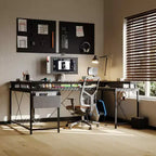 Bureau d'ordinateur en U, console réversible en L avec prises, bande lumineuse et support d'écran, fonction de rangement, convient pour le bureau à domicile