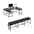 U-shaped computer desk, reversible L-shaped console table with sockets, light strip and monitor stand, storage function, suitable for home office