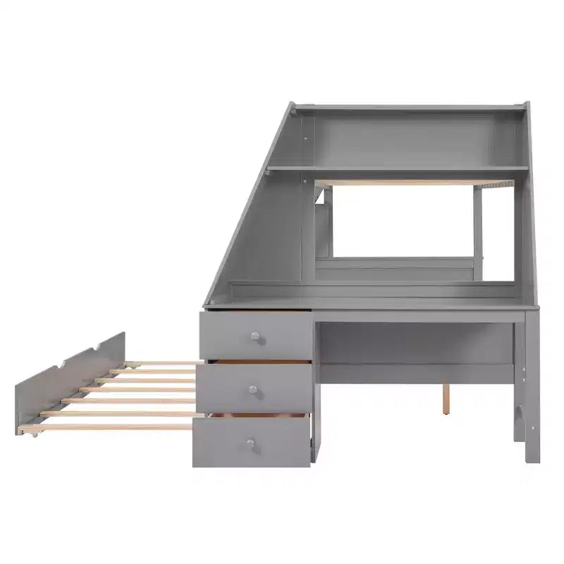 Lit superposé double sur complet avec tiroir gigogne et bureau intégré, cadre de lit superposé en bois avec tiroirs de rangement et étagère pour chambre d'enfants et d'adolescents
