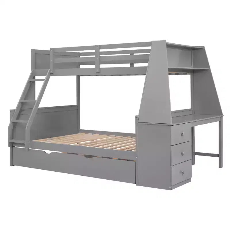 Lit superposé double sur complet avec tiroir gigogne et bureau intégré, cadre de lit superposé en bois avec tiroirs de rangement et étagère pour chambre d'enfants et d'adolescents