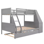 Lit superposé double sur complet avec tiroir gigogne et bureau intégré, cadre de lit superposé en bois avec tiroirs de rangement et étagère pour chambre d'enfants et d'adolescents