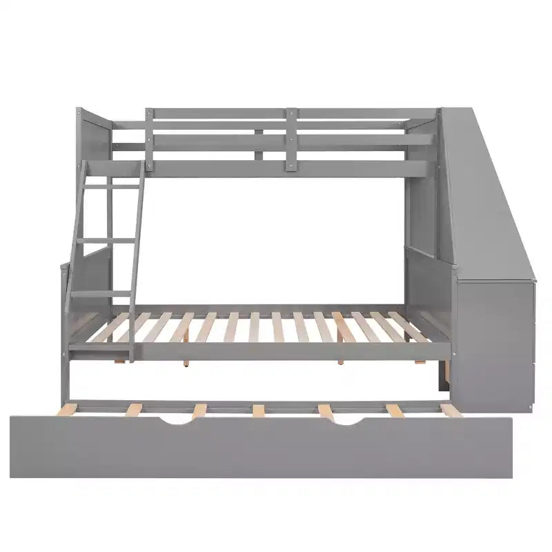 Lit superposé double sur complet avec tiroir gigogne et bureau intégré, cadre de lit superposé en bois avec tiroirs de rangement et étagère pour chambre d'enfants et d'adolescents