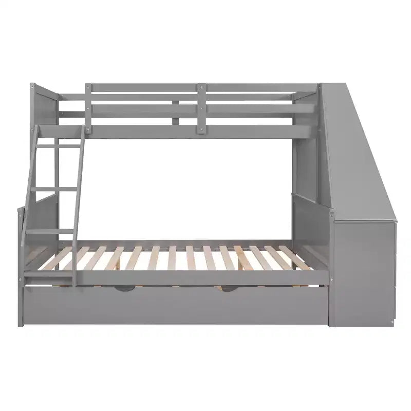 Lit superposé double sur complet avec tiroir gigogne et bureau intégré, cadre de lit superposé en bois avec tiroirs de rangement et étagère pour chambre d'enfants et d'adolescents