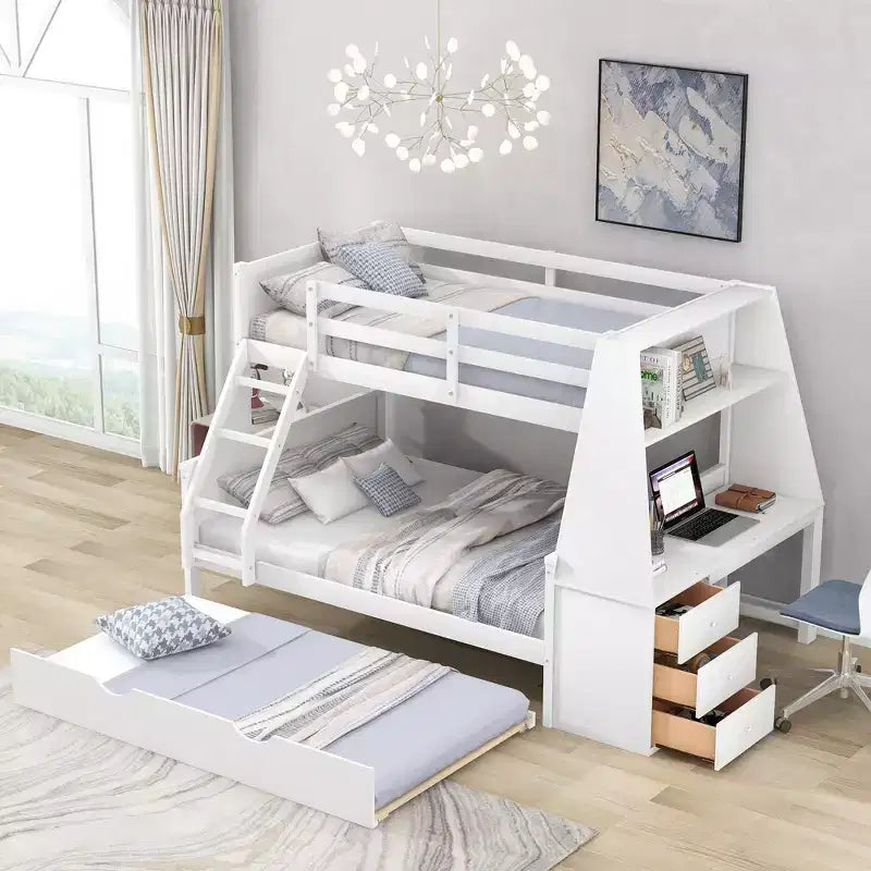 Lit superposé double sur complet avec tiroir gigogne et bureau intégré, cadre de lit superposé en bois avec tiroirs de rangement et étagère pour chambre d'enfants et d'adolescents