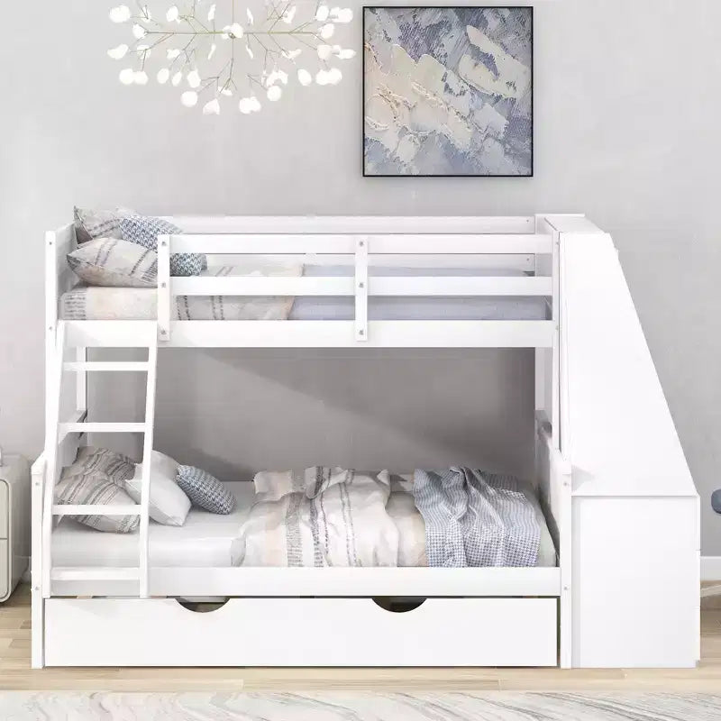 Lit superposé double sur complet avec tiroir gigogne et bureau intégré, cadre de lit superposé en bois avec tiroirs de rangement et étagère pour chambre d'enfants et d'adolescents