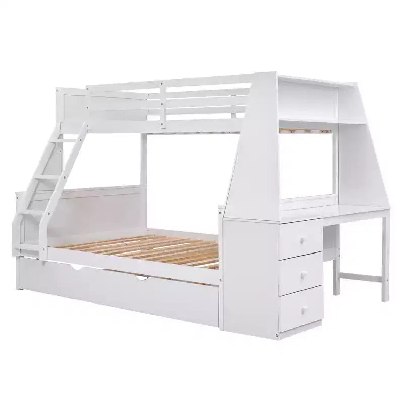 Lit superposé double sur complet avec tiroir gigogne et bureau intégré, cadre de lit superposé en bois avec tiroirs de rangement et étagère pour chambre d'enfants et d'adolescents