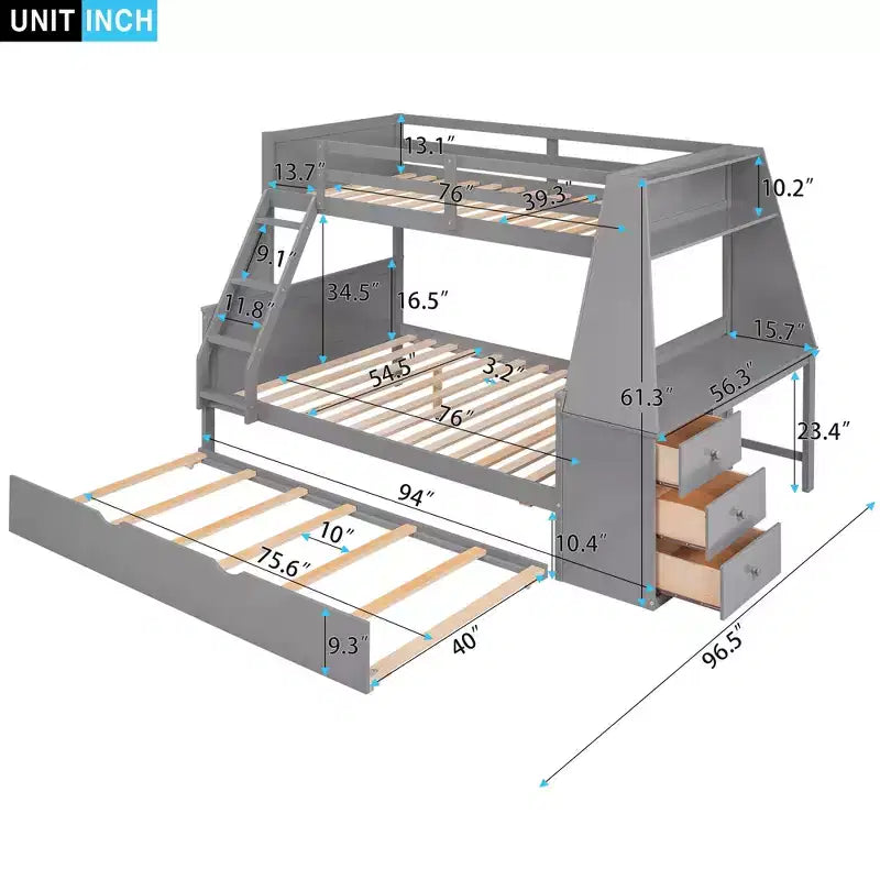 Lit superposé double sur complet avec tiroir gigogne et bureau intégré, cadre de lit superposé en bois avec tiroirs de rangement et étagère pour chambre d'enfants et d'adolescents