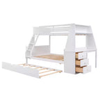 Lit superposé double sur complet avec tiroir gigogne et bureau intégré, cadre de lit superposé en bois avec tiroirs de rangement et étagère pour chambre d'enfants et d'adolescents