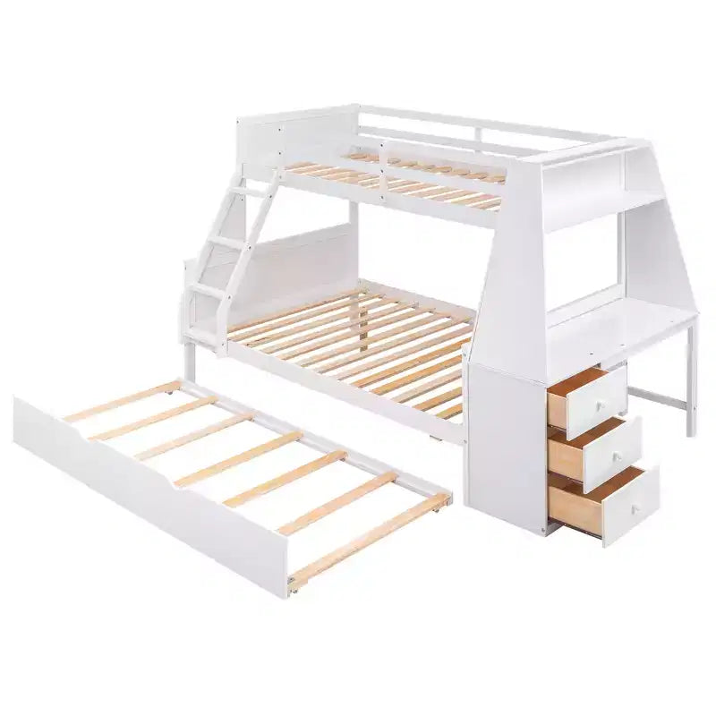 Lit superposé double sur complet avec tiroir gigogne et bureau intégré, cadre de lit superposé en bois avec tiroirs de rangement et étagère pour chambre d'enfants et d'adolescents