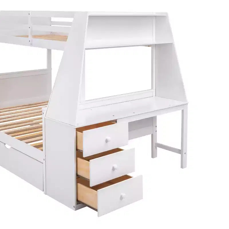 Lit superposé double sur complet avec tiroir gigogne et bureau intégré, cadre de lit superposé en bois avec tiroirs de rangement et étagère pour chambre d'enfants et d'adolescents