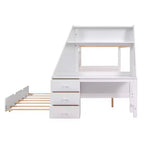 Lit superposé double sur complet avec tiroir gigogne et bureau intégré, cadre de lit superposé en bois avec tiroirs de rangement et étagère pour chambre d'enfants et d'adolescents