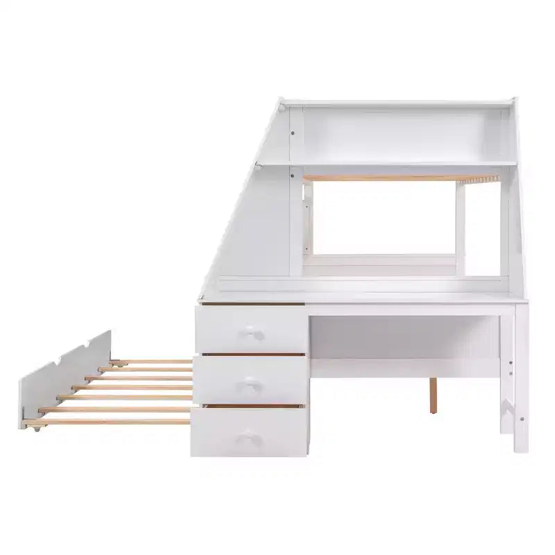Lit superposé double sur complet avec tiroir gigogne et bureau intégré, cadre de lit superposé en bois avec tiroirs de rangement et étagère pour chambre d'enfants et d'adolescents
