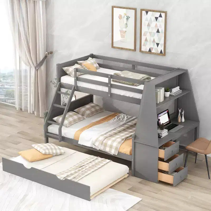 Lit superposé double sur complet avec tiroir gigogne et bureau intégré, cadre de lit superposé en bois avec tiroirs de rangement et étagère pour chambre d'enfants et d'adolescents