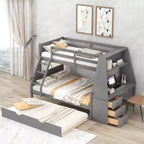 Lit superposé double sur complet avec tiroir gigogne et bureau intégré, cadre de lit superposé en bois avec tiroirs de rangement et étagère pour chambre d'enfants et d'adolescents