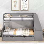 Lit superposé double sur complet avec tiroir gigogne et bureau intégré, cadre de lit superposé en bois avec tiroirs de rangement et étagère pour chambre d'enfants et d'adolescents