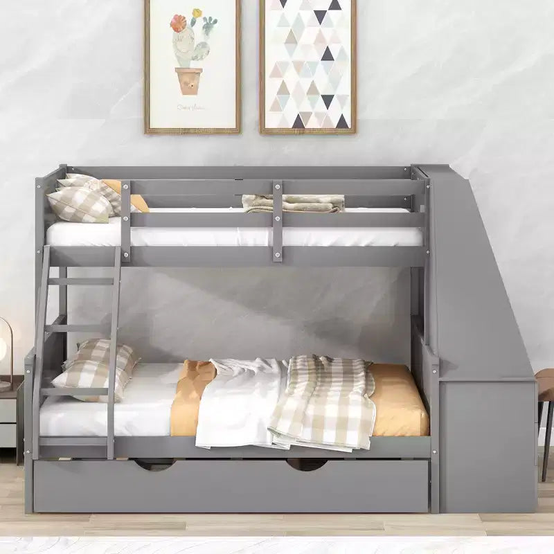 Lit superposé double sur complet avec tiroir gigogne et bureau intégré, cadre de lit superposé en bois avec tiroirs de rangement et étagère pour chambre d'enfants et d'adolescents