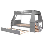 Lit superposé double sur complet avec tiroir gigogne et bureau intégré, cadre de lit superposé en bois avec tiroirs de rangement et étagère pour chambre d'enfants et d'adolescents