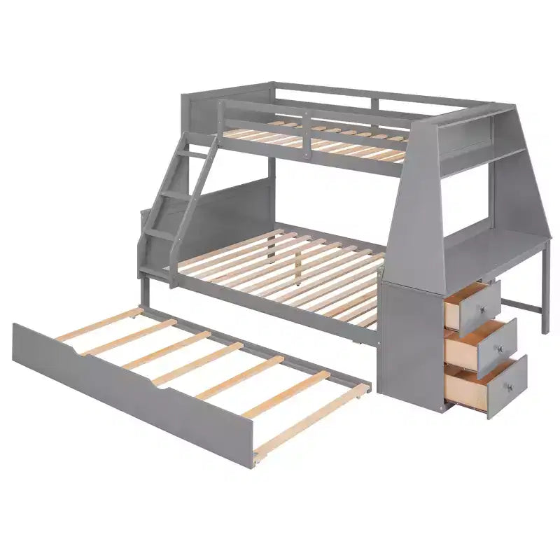Lit superposé double sur complet avec tiroir gigogne et bureau intégré, cadre de lit superposé en bois avec tiroirs de rangement et étagère pour chambre d'enfants et d'adolescents