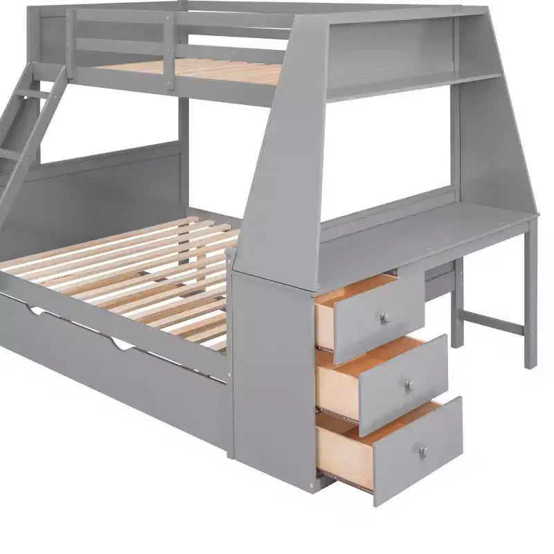 Lit superposé double sur complet avec tiroir gigogne et bureau intégré, cadre de lit superposé en bois avec tiroirs de rangement et étagère pour chambre d'enfants et d'adolescents