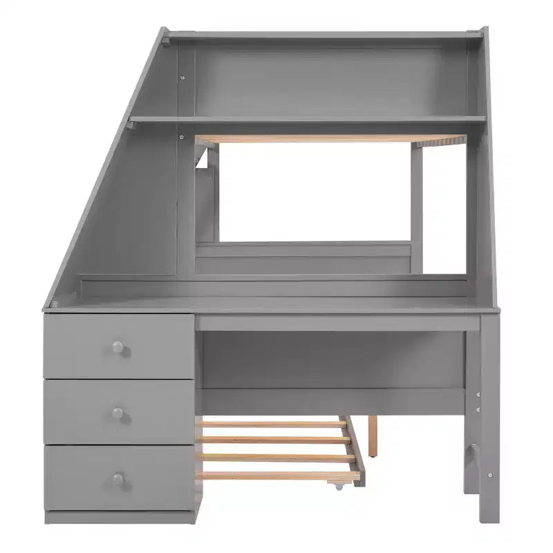 Lit superposé double sur complet avec tiroir gigogne et bureau intégré, cadre de lit superposé en bois avec tiroirs de rangement et étagère pour chambre d'enfants et d'adolescents