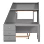 Lit superposé double sur complet avec tiroir gigogne et bureau intégré, cadre de lit superposé en bois avec tiroirs de rangement et étagère pour chambre d'enfants et d'adolescents