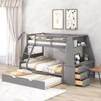 Twin over Full Bunk Bed with Trundle and Built-in Desk, Wooden Bunkbed Frame with Storage Drawers and Shelf for Kids Teens Bedroom