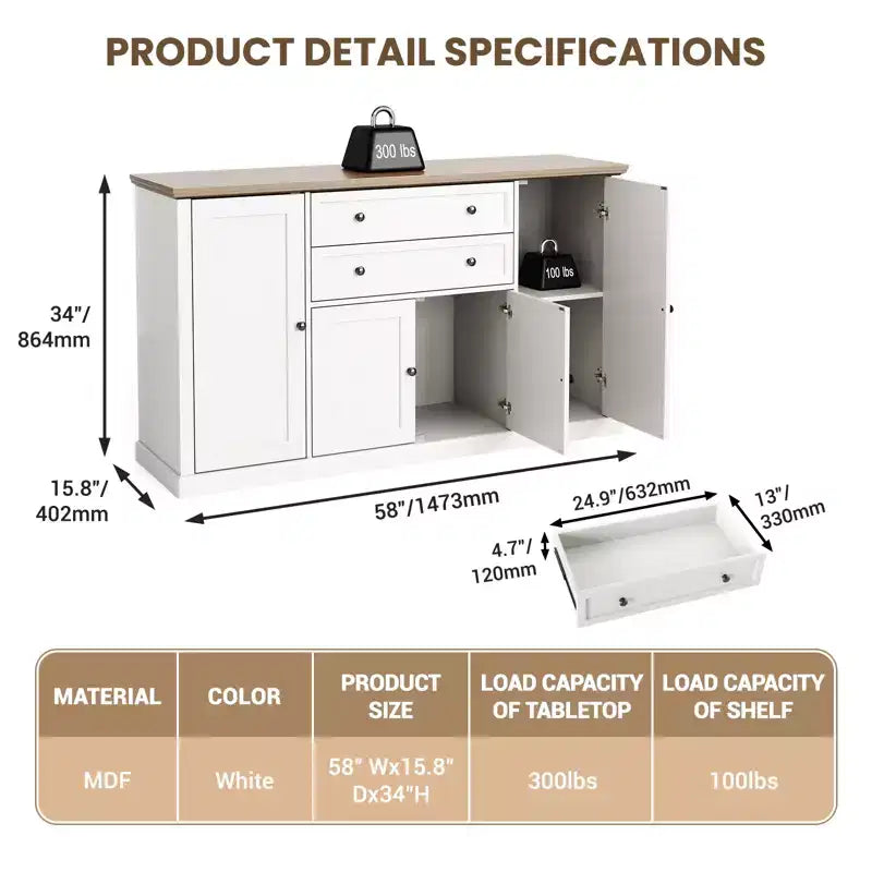 Bahut en MDF couleur bois blanc de style européen - Élévez l'élégance des salles à manger modernes et des espaces de vie classiques