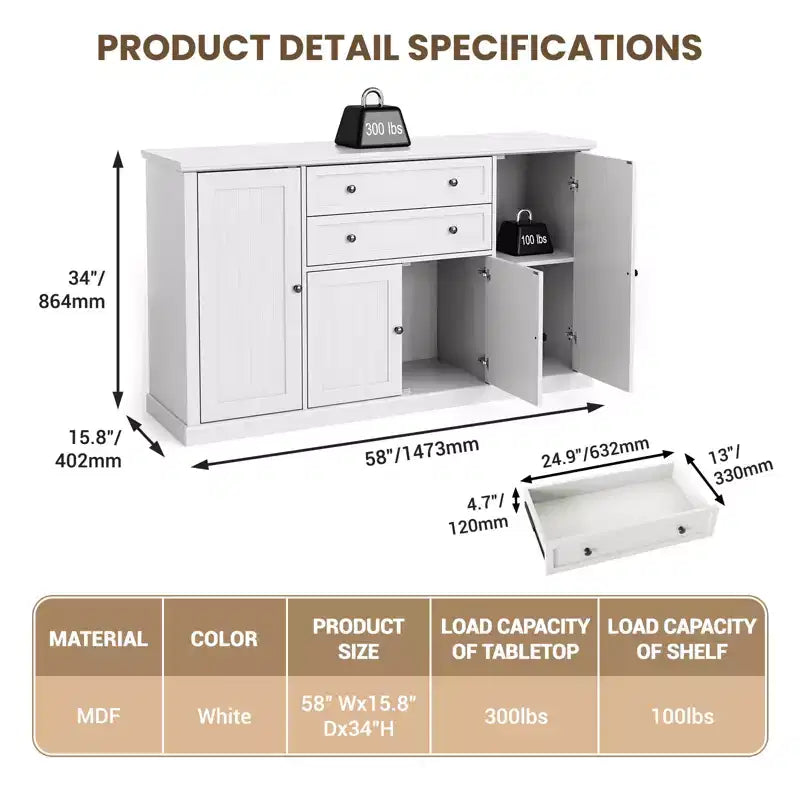 Bahut en MDF couleur bois blanc de style européen - Élévez l'élégance des salles à manger modernes et des espaces de vie classiques