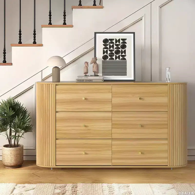 CuisinSmart 6 Drawer Wooden Dresser with 2 Curved Profile Sliding Doors, 60 Fluted Dresser Mid Century Dresser for Entryway Hallway, Oak