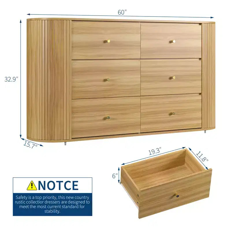 Commode en bois à 6 tiroirs avec 2 portes coulissantes à profil incurvé, Commode cannelée de 60 pouces de style Mid-Century pour entrée, chêne