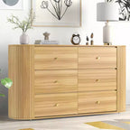 Commode en bois à 6 tiroirs avec 2 portes coulissantes à profil incurvé, Commode cannelée de 60 pouces de style Mid-Century pour entrée, chêne