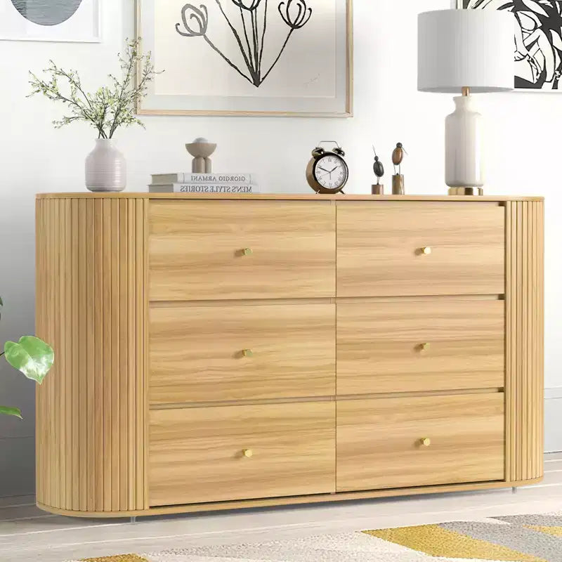 Commode en bois à 6 tiroirs avec 2 portes coulissantes à profil incurvé, Commode cannelée de 60 pouces de style Mid-Century pour entrée, chêne