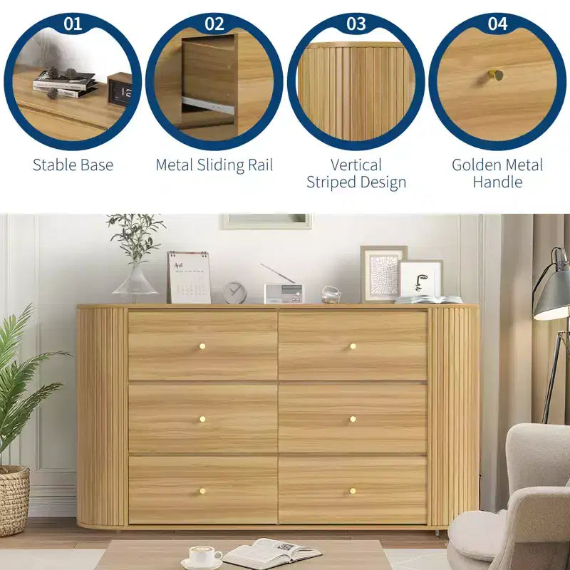 Commode en bois à 6 tiroirs avec 2 portes coulissantes à profil incurvé, Commode cannelée de 60 pouces de style Mid-Century pour entrée, chêne