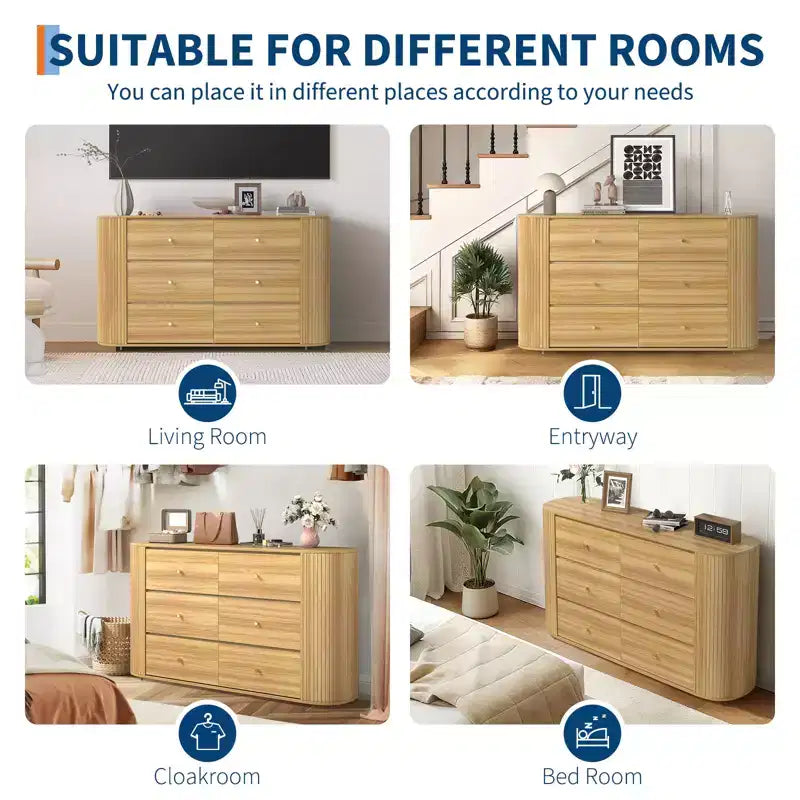 Commode en bois à 6 tiroirs avec 2 portes coulissantes à profil incurvé, Commode cannelée de 60 pouces de style Mid-Century pour entrée, chêne