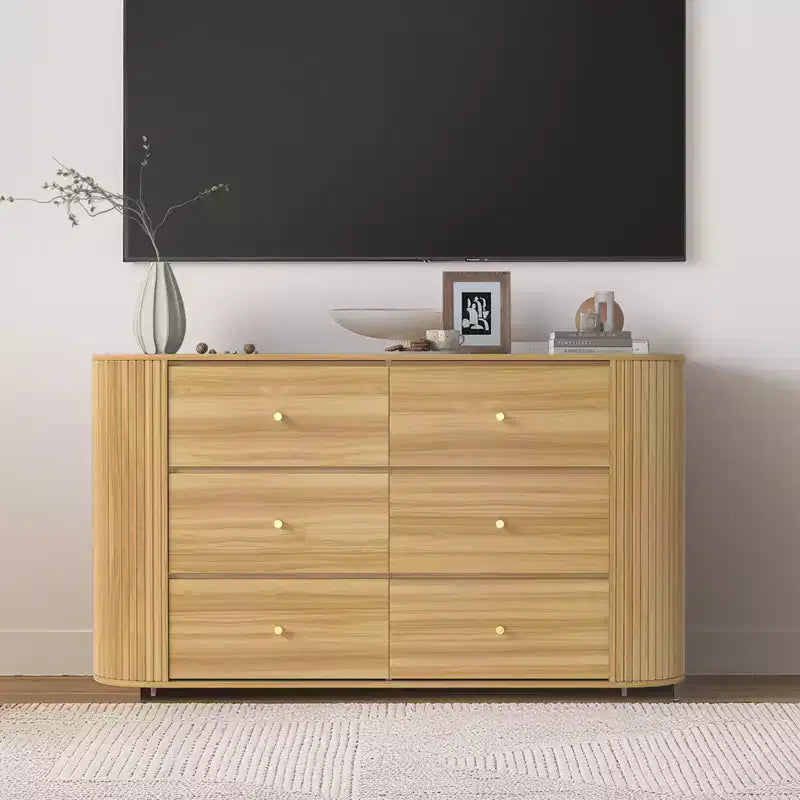 Commode en bois à 6 tiroirs avec 2 portes coulissantes à profil incurvé, Commode cannelée de 60 pouces de style Mid-Century pour entrée, chêne