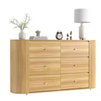 Commode en bois à 6 tiroirs avec 2 portes coulissantes à profil incurvé, Commode cannelée de 60 pouces de style Mid-Century pour entrée, chêne