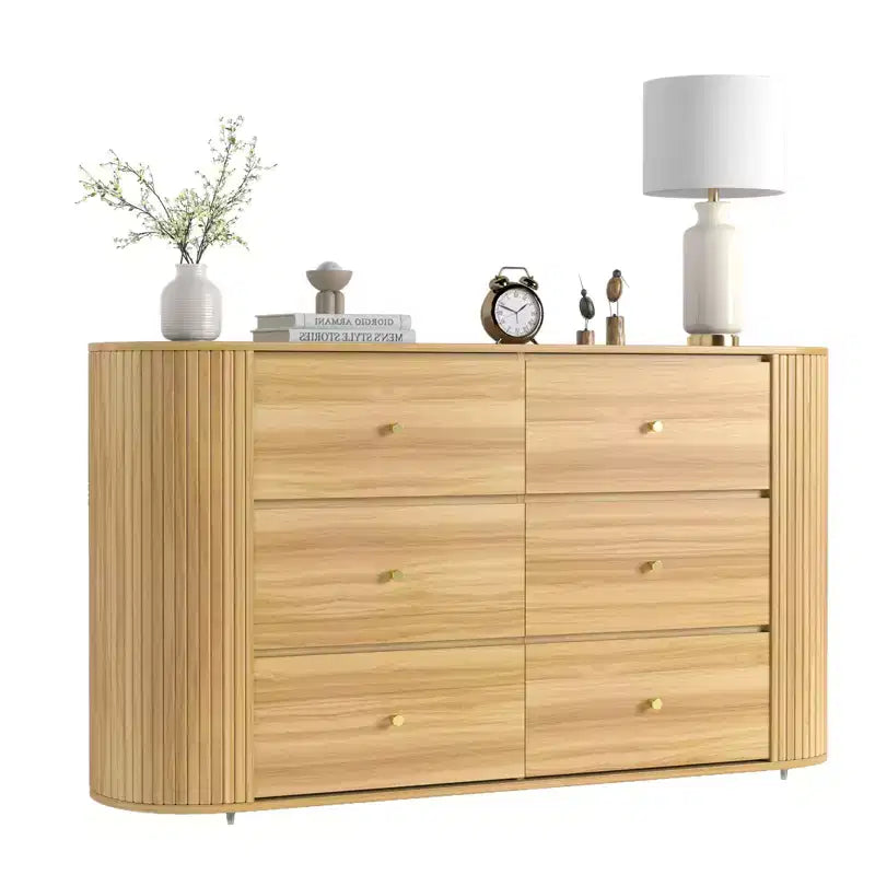 Commode en bois à 6 tiroirs avec 2 portes coulissantes à profil incurvé, Commode cannelée de 60 pouces de style Mid-Century pour entrée, chêne