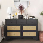 Commode à 7 tiroirs pour chambre à coucher, commode large en rotin naturel de 120 cm, organisateur de rangement de vêtements en bois de style bohème, meuble TV