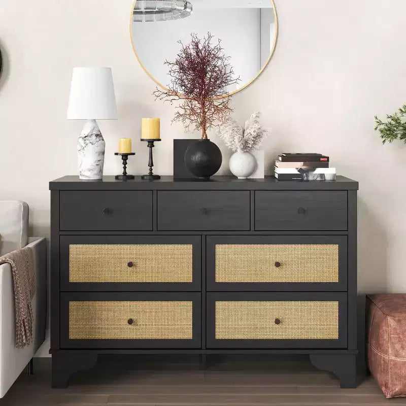 Commode à 7 tiroirs pour chambre à coucher, commode large en rotin naturel de 120 cm, organisateur de rangement de vêtements en bois de style bohème, meuble TV