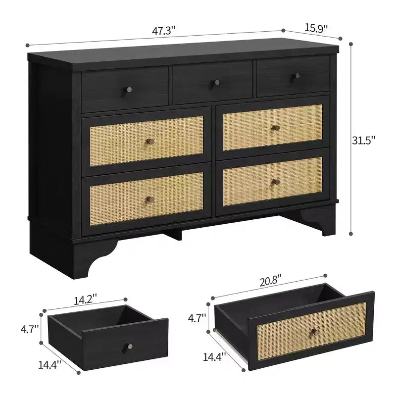 Commode à 7 tiroirs pour chambre à coucher, commode large en rotin naturel de 120 cm, organisateur de rangement de vêtements en bois de style bohème, meuble TV