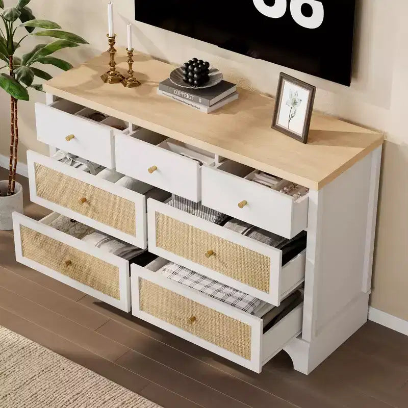 Commode à 7 tiroirs pour chambre à coucher, commode large en rotin naturel de 120 cm, organisateur de rangement de vêtements en bois de style bohème, meuble TV