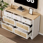 Commode à 7 tiroirs pour chambre à coucher, commode large en rotin naturel de 120 cm, organisateur de rangement de vêtements en bois de style bohème, meuble TV