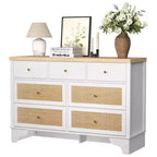 Commode à 7 tiroirs pour chambre à coucher, commode large en rotin naturel de 120 cm, organisateur de rangement de vêtements en bois de style bohème, meuble TV