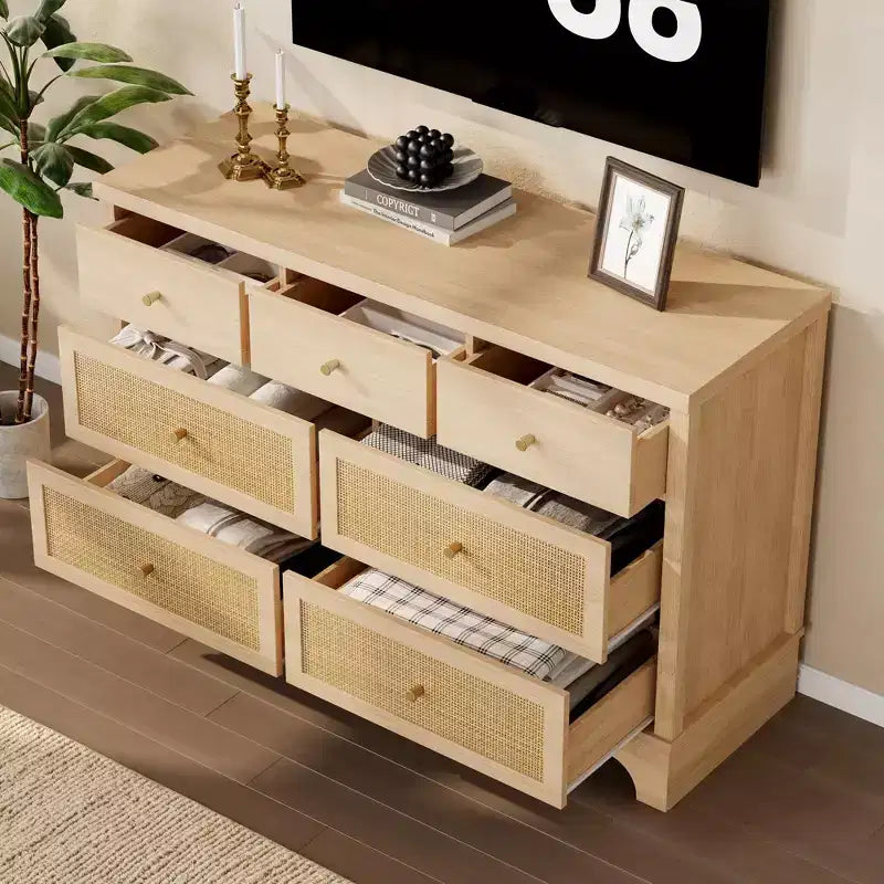 Commode à 7 tiroirs pour chambre à coucher, commode large en rotin naturel de 120 cm, organisateur de rangement de vêtements en bois de style bohème, meuble TV