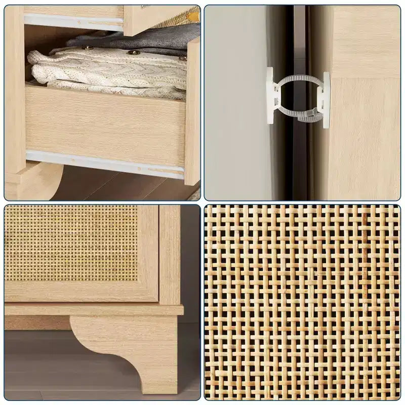 Commode à 7 tiroirs pour chambre à coucher, commode large en rotin naturel de 120 cm, organisateur de rangement de vêtements en bois de style bohème, meuble TV