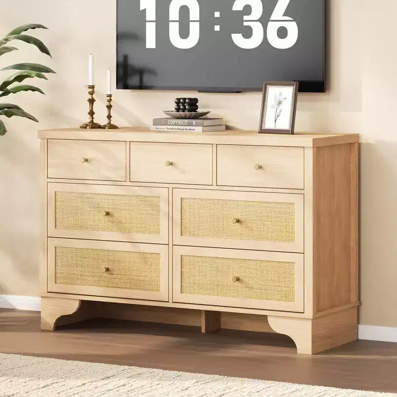 Commode à 7 tiroirs pour chambre à coucher, commode large en rotin naturel de 120 cm, organisateur de rangement de vêtements en bois de style bohème, meuble TV