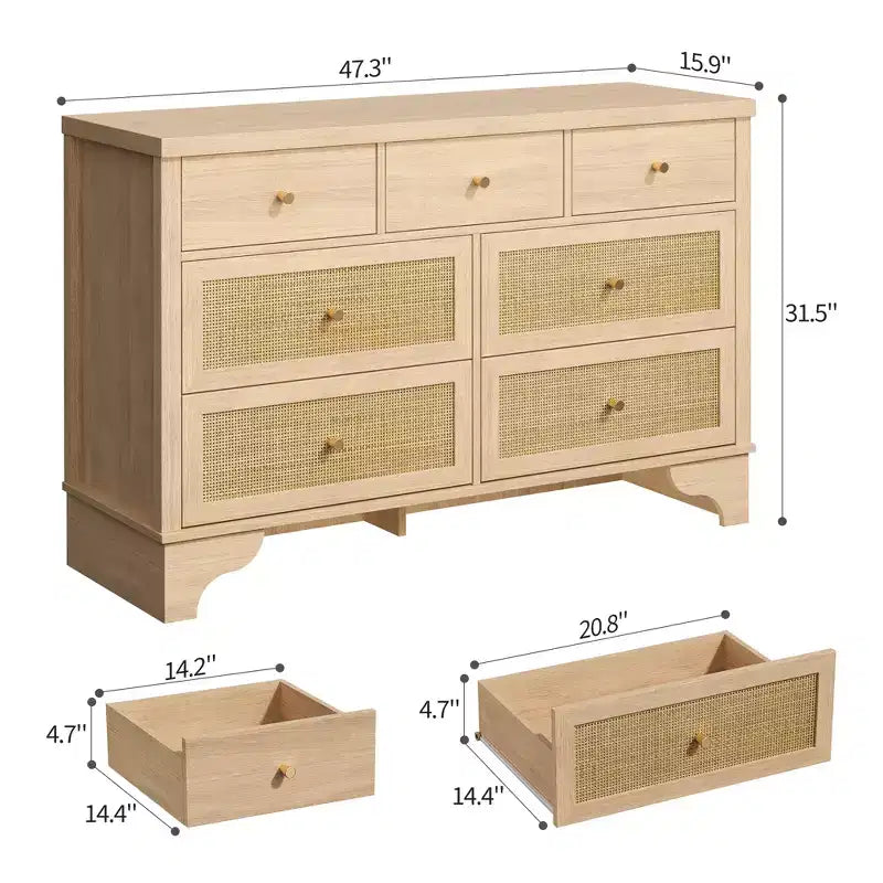 Commode à 7 tiroirs pour chambre à coucher, commode large en rotin naturel de 120 cm, organisateur de rangement de vêtements en bois de style bohème, meuble TV